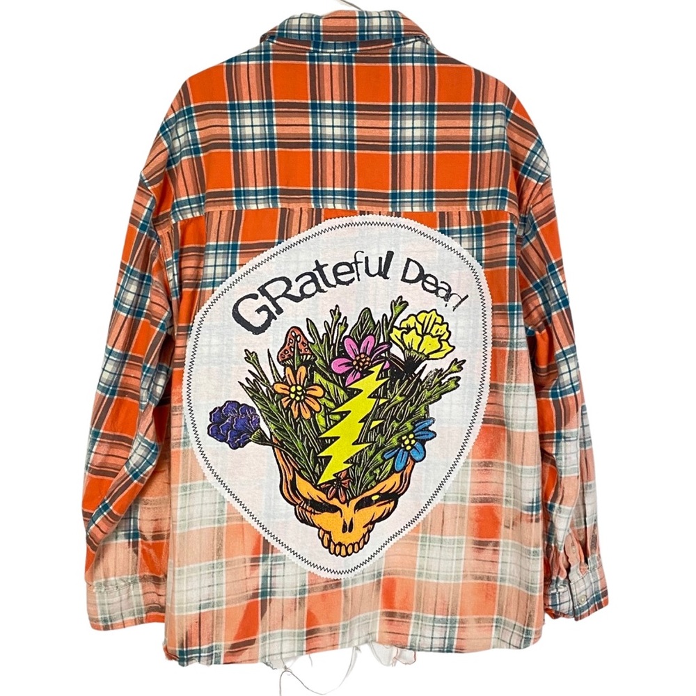 EUC Grateful Dead Flannel Shirt Shacket Mens XL Unisex Oversized Handmade Orange